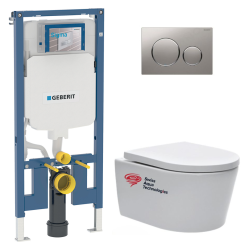 Geberit Pack WC Bati-support Geberit extra-plat + WC sans bride Swiss Aqua Technologies + abattant softclose + Plaque