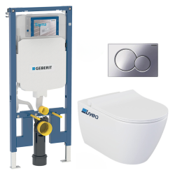 Geberit Pack WC Bati-support Geberit extra-plat UP720 + Cuvette suspendue sans bride Livea Bello + Abattant frein de chute + Plaque chro