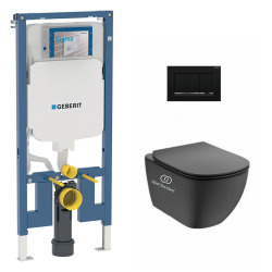 Pack WC bâti-support UP720 extra-plat + WC sans bride Tesi + Abattant softclose + Plaque noir mat/chrome (SLIM-BlackTesi-M)