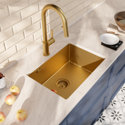 Ceramia Timeless 55x45x21 cm évier sous plan en inox 304 + mitigeur inox avec douchette extractible, or brossé (TMLKSU-5545BG-M2)