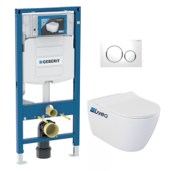 Geberit Pack Bati-support Geberit UP320 + WC sans bride Livea Bello + Abattant softclose + Plaque blanc chrome (GebBello-C)