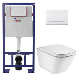 Pack WC bâti-support autoportant + WC suspendu sans bride avec abattant SoftClose + plaque blanche (STROGAWR01-U)