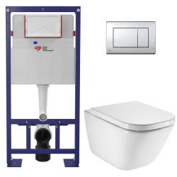 Pack WC bâti-support autoportant + WC suspendu sans bride avec abattant SoftClose + plaque blanche (STROGAWR01-U)