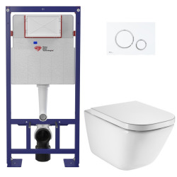 Pack WC bâti-support autoportant + WC suspendu sans bride avec abattant SoftClose + plaque blanche (STROGAWR01-U)