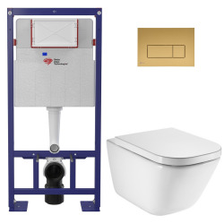 Pack WC bâti-support autoportant + WC suspendu sans bride avec abattant SoftClose + plaque blanche (STROGAWR01-U)