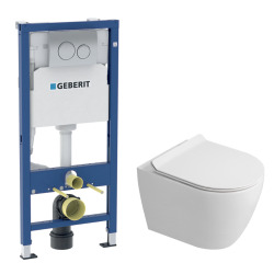 Duofix Pack WC bâti-support 112 cm + WC suspendu sans bride Ceramia avec abattant SoftClose + plaque blanche (GEBCEPXWT01-FR)
