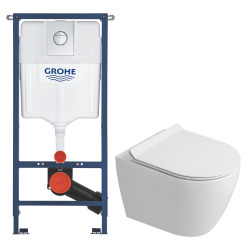Grohe Solido pack WC kit bâti-support 4 en 1 + WC suspendu sans bride Ceramia avec abattant SoftClose + plaque chrome (GRRCEPXWT14-FR)