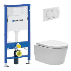 Duofix Pack WC bâti 112 cm + WC suspendu sans bride avec abattant SoftClose Swiss Aqua Technologies + plaque (GEBSTBRWR01MAN-FR)