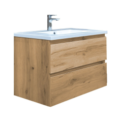 B-Way 79x50x45 cm meuble de salle de bain suspendu 2 tiroirs avec lavabo en marbre coulé, chêne mat (BWAY280OAKU)