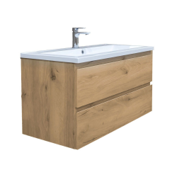 B-Way 99x50x45 cm meuble salle de bain suspendu 2 tiroirs avec lavabo en marbre coulé, chêne mat (BWAY2100OAKU)