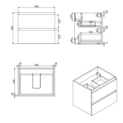 B-Way 59x50x45 cm meuble de salle de bain suspendu avec plaque de recouvrement, 2 tiroirs, chêne mat (BWAY260OAKDESK)