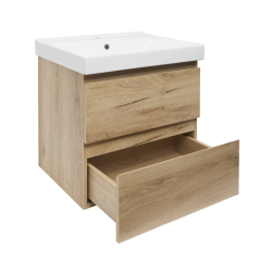 B-Way 59x50x45 cm meuble de salle de bain suspendu 2 tiroirs avec lavabo en céramique, chêne mat (BWAY260OAKUU1)