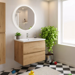 B-Way 59x50x45 cm meuble de salle de bain suspendu 2 tiroirs avec lavabo en marbre coulé, chêne mat (BWAY260OAKU)