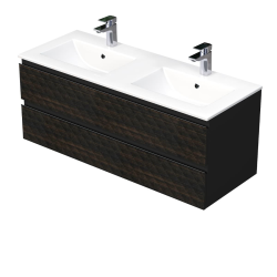 Cube Way 120x47,5x46 cm meuble de salle de bain suspendu 2 tiroirs avec double vasque en céramique, marron mat (CUBE3D1202ZHMOD)
