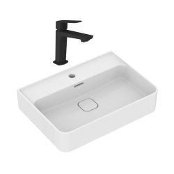 Strada II lavabo 600x430 mm 1 trou + Swiss Aqua Technologies mitigeur lavabo, sans tirette, noir mat (T300001SATBSL271C)