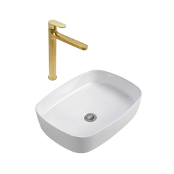 DARK mitigeur lavabo XL, or brossé + Ceramia PixL 50x37,5x13,5 cm vasque à poser, sans trop-plein, blanc (SAT285PBZCEPX4937)