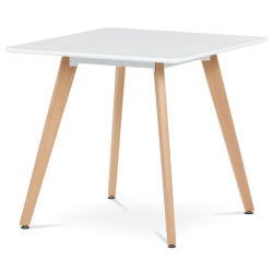 80x74x80 cm table de salle à manger scandinave en MDF blanc laqué mat, pieds en bois de hêtre massif marron (DT312WT)