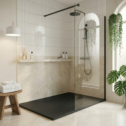  PixL 120x90 cm receveur de douche rectangulaire à poser en résine composite avec surface effet pierre, noir (CERAPX12090B)