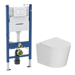 Geberit Duofix Pack WC bâti-support + WC suspendu sans bride avec abattant SoftClose Ceramia + plaque blanche (GEBCE14WT05-FR)