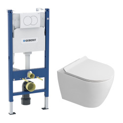 Duofix Pack WC bâti-support 112 cm + WC suspendu sans bride Ceramia avec abattant SoftClose + plaque blanche (GEBCEPXWT01-FR)