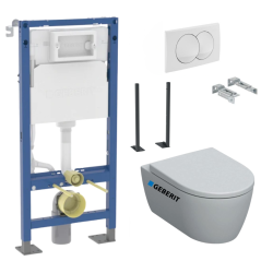 Pack WC Bâti-support Duofix + Cuvette suspendue sans brides + Abattant frein de chute + Plaque blanche + 2 Pieds support Geberit