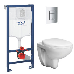 Grohe Pack WC Bâti support Grohe Rapid SL + Cuvette sans bride Grohe Bau Ceramic, Blanc + plaque de déclenchement: Chrome (39586000)